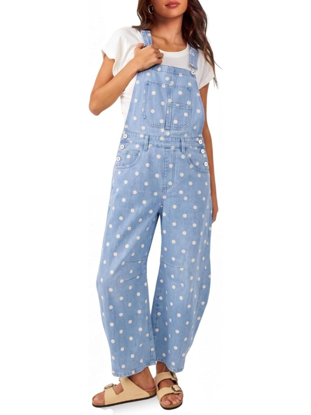 Women's Cute Light Blue Denim Bib Overalls Barrel Leg Adjustable Strap Jumpsuits